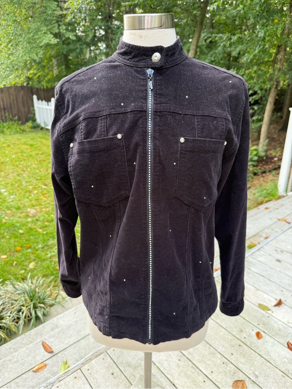 Quacker Factory Corduroy Jacket Women Small Black Rhinestone Zip Up